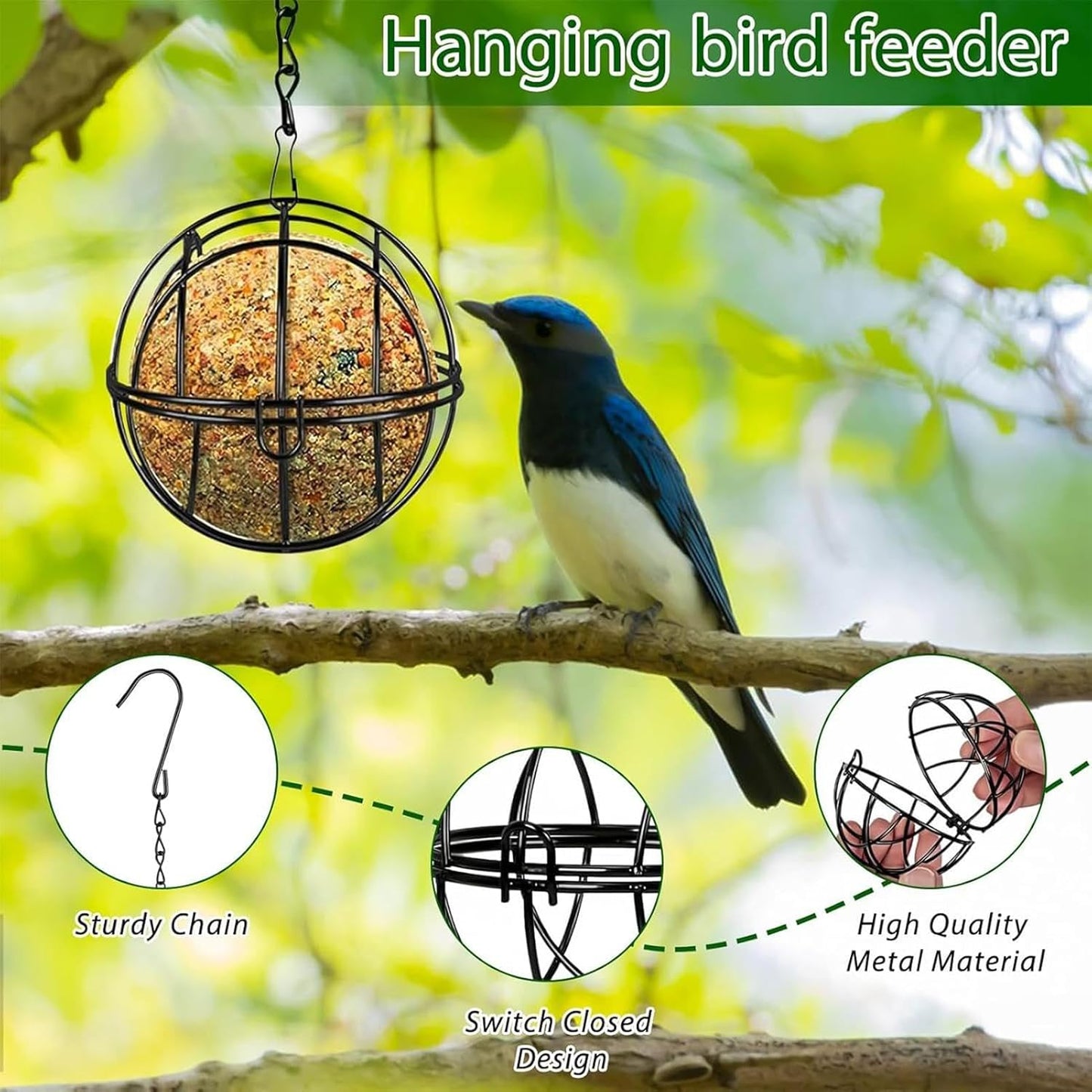 Metal Bird Feeder Set, 8 Pack Suet Ball Holders, Hangable Metal Sphere, Outdoor Ball Bird Feeder, Black Spherical Design, 7.5 x 28 cm, Hanging Garden Feeders for Wild Birds with Easy-Fill Opening