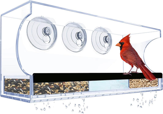 Window Bird Feeder with Strong Suction Cups, Large Clear Window Bird Feeders for Outside, Transparent Viewing Acrylic Birdfeeder for Wild Birds, Removable Seed Tray with Drain Holes, Easy to Clean.