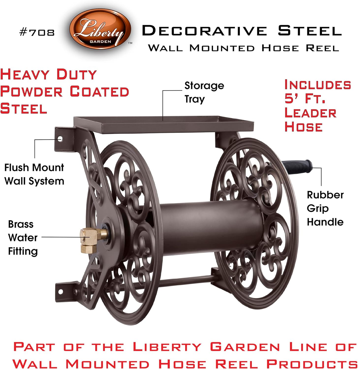 Liberty Garden 708 Steel Decorative Wall Mount Garden Hose Reel, Holds