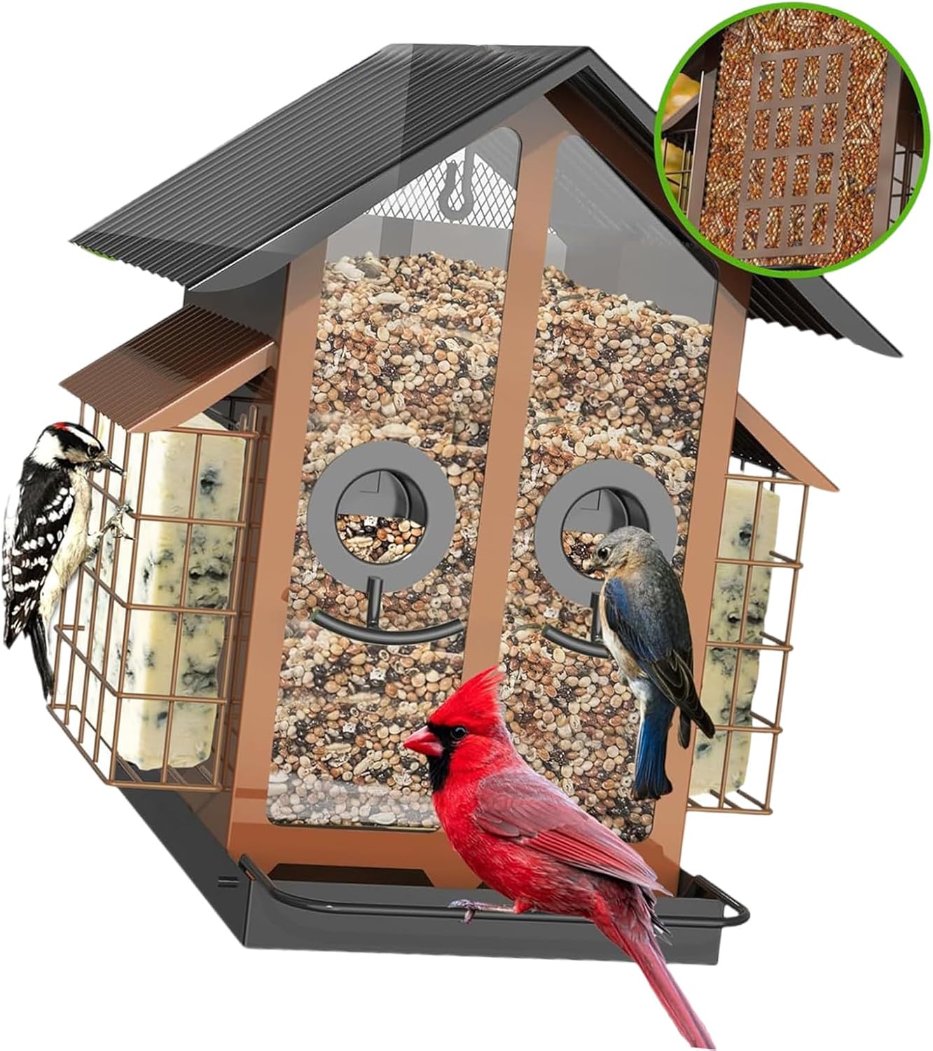 Metal Bird Feeder for Garden Yard Outside Backyard with Perch Easy Hanging Hook and Large Capacity Hanging Bird Feeder