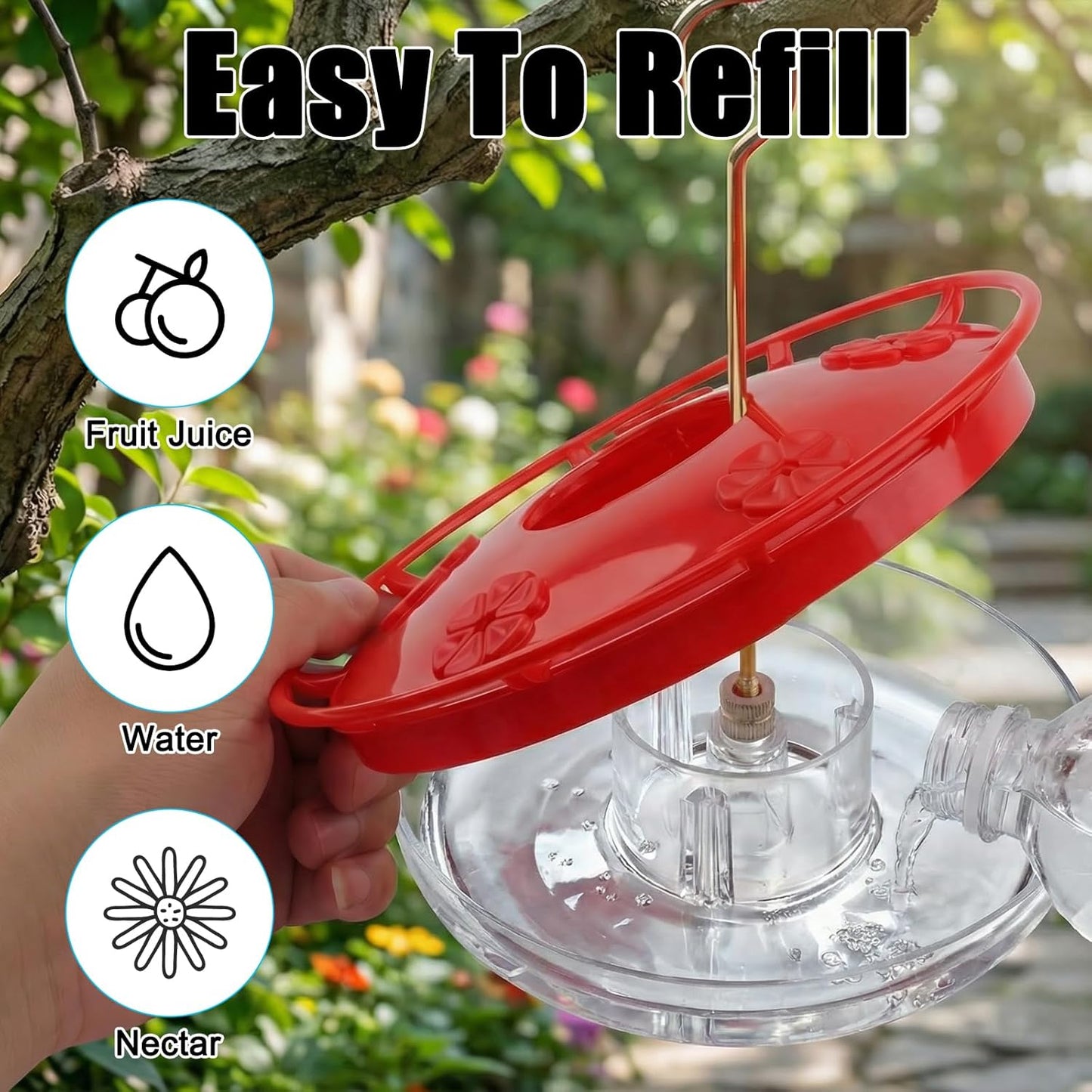 FEED GARDEN 2 Pack 16 oz Plastic Disc Hummingbird Feeders for Outdoors Hanging, Leak-Resistant Nectar Feeder with 5 Ports, Wide Mouth Easy Clean & Refill, Built-in Ant Moat for Garden Backyard