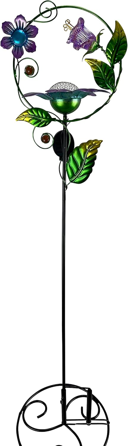 Red Carpet Studios Solar Metal and Glass Garden Art with Bird Feeder Decorative Yard Stake, Purple