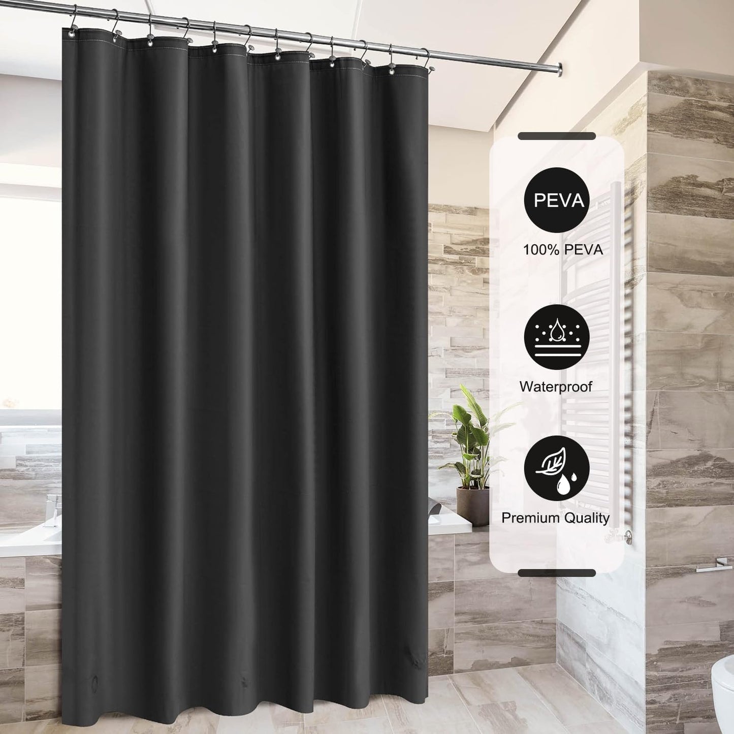 Black Shower Curtain Liner, 4G PEVA Shower Liner, Plastic Waterproof Shower Curtains, 72x72 inch with Grommet Holes 3 Magnetic Weights(Black)