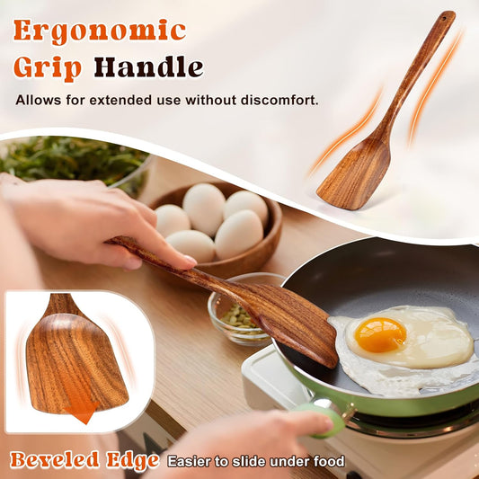 2Pcs Wooden Spatula, Acacia Solid & Slotted Turner Spatula Set, Long H