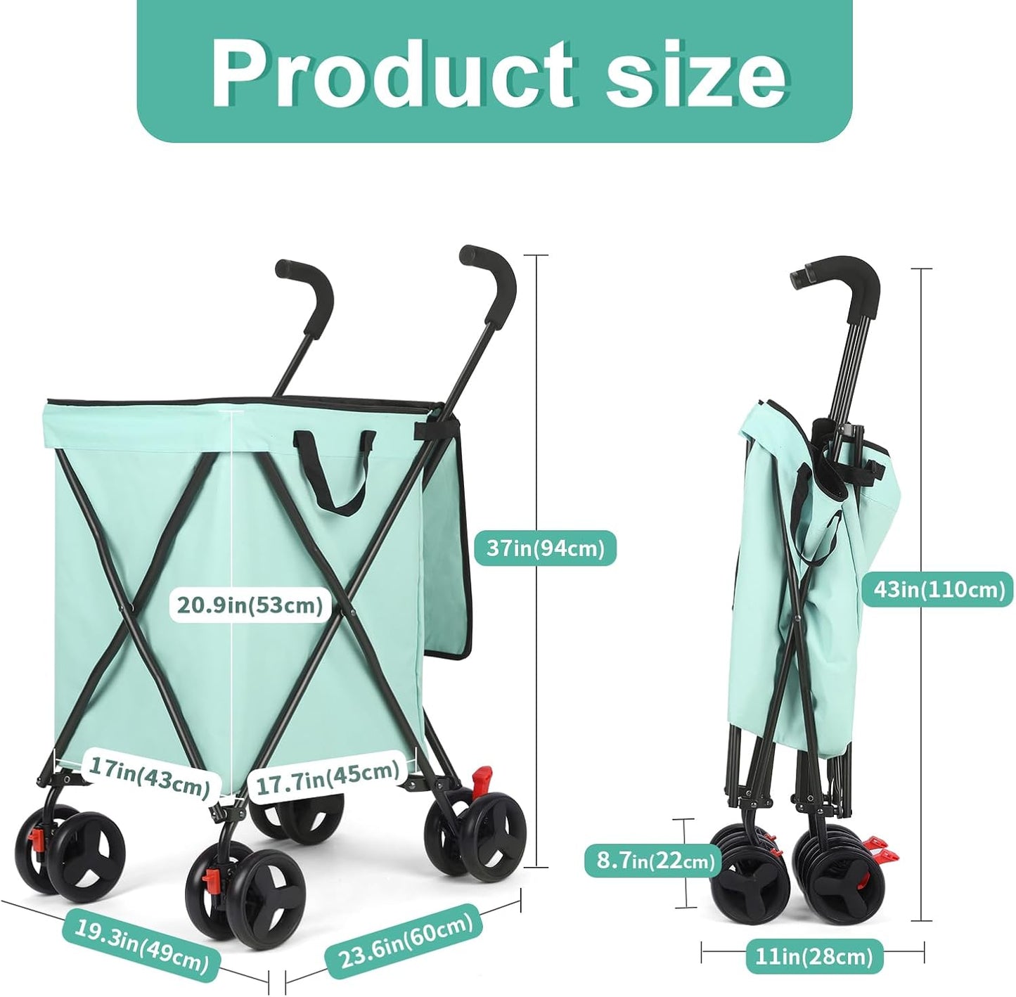 Folding Shopping Cart with Wheels, Rolling Foldable Grocery Cart for Seniors, Portable Collapsible Utility Cart for Shopping Groceries Laundry Stair Climbing Storage (Teal Blue)