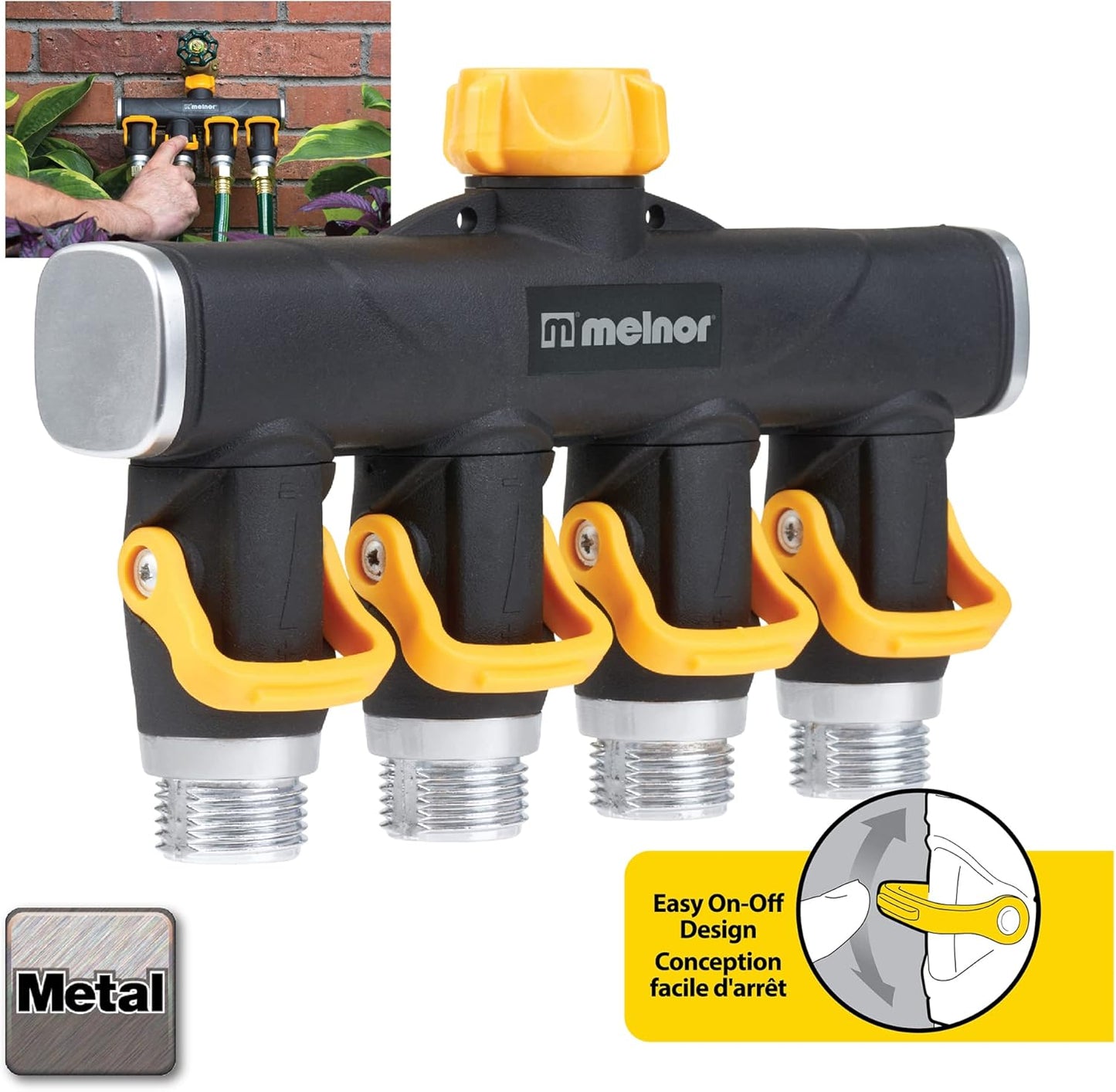 Melnor 65135AMZ 4 Way Lever Flow Through Valve Connector Bundle, Yello