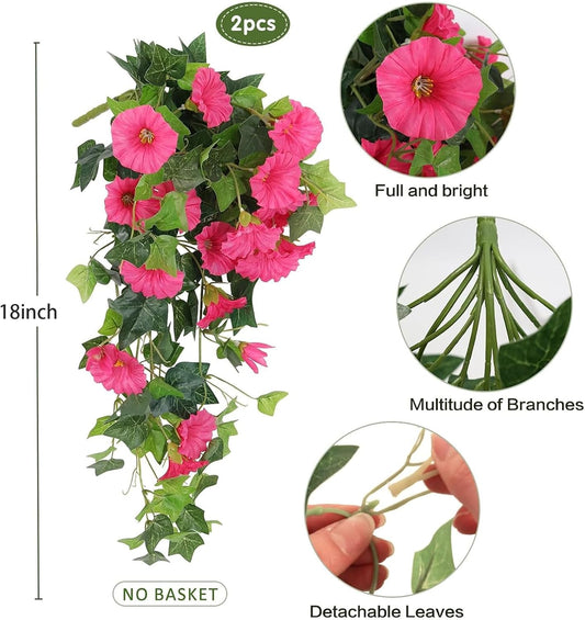 RECUTMS 2 Pcs Artificial Silk Fake Hanging Flowers for Outdoors, 18In UV Resistant Faux Petunias Trailing Plants Realistic Flower Look Real for Door Wall Yard Porch Garden Planter (Rose Red)