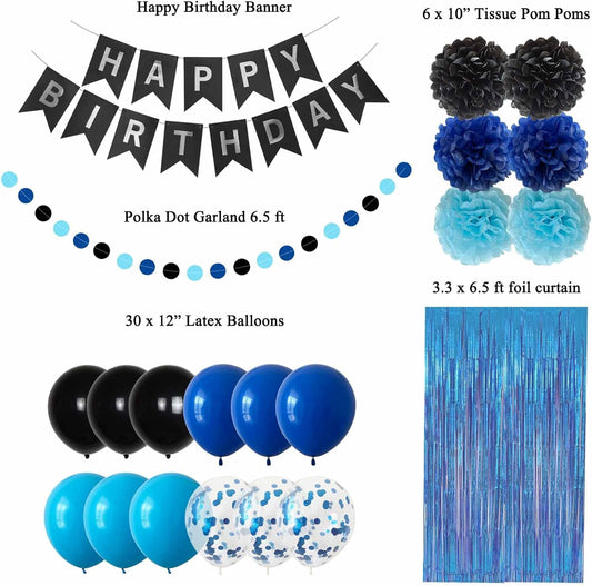 ANSOMO Blue and Black Happy Birthday Party Decorations for Boys Men Banner Balloons Navy Royal Light Blue Pom Poms Foil Curtain Décor Supplies 13th 16th 18th 20th 30th 40th 50th 60th 70th 80th