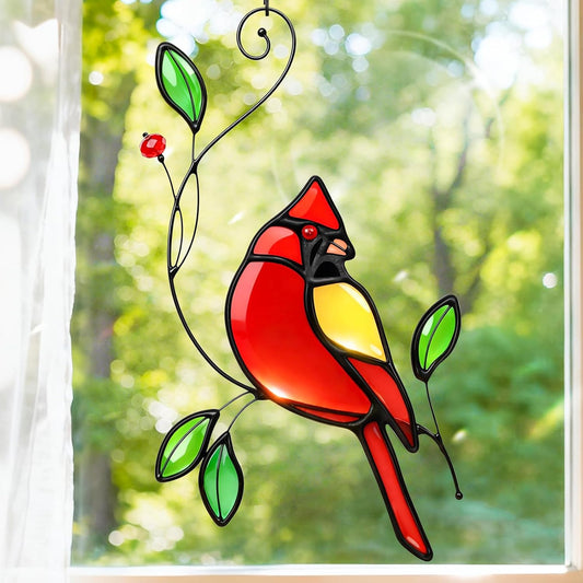 Cardinal Stained Glass Window Hanging, IDEA SHOW Red Cardinal Suncatcher, Real Glass Window Hanging Ornament, Handmade Bird Home Decor Memorial Gift for Women, Mom, Bird Lover