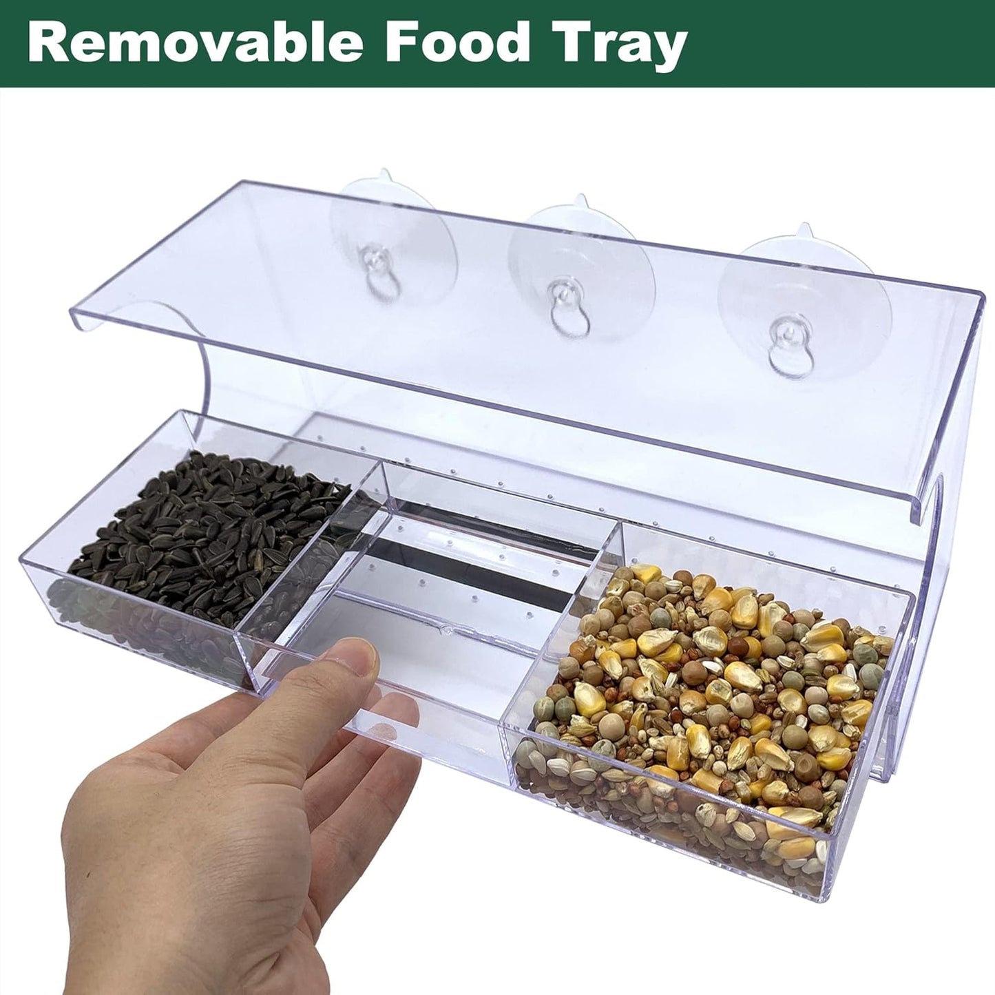 Window Bird Feeder with Strong Suction Cups, Large Clear Window Bird Feeders for Outside, Transparent Viewing Acrylic Birdfeeder for Wild Birds, Removable Seed Tray with Drain Holes, Easy to Clean.