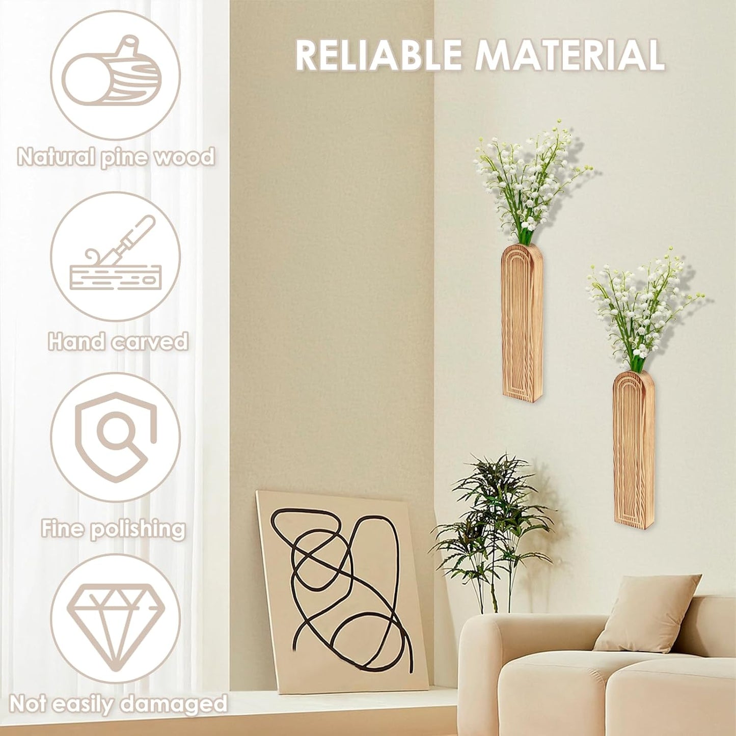 2Pcs Wood Wall Planter Modern Wood Wall Vase Geometric Hanging Planter Farmhouse Pocket Vase Rustic Decor for Indoor Vegetation Living Room Bedroom Decor Artificial Flowers