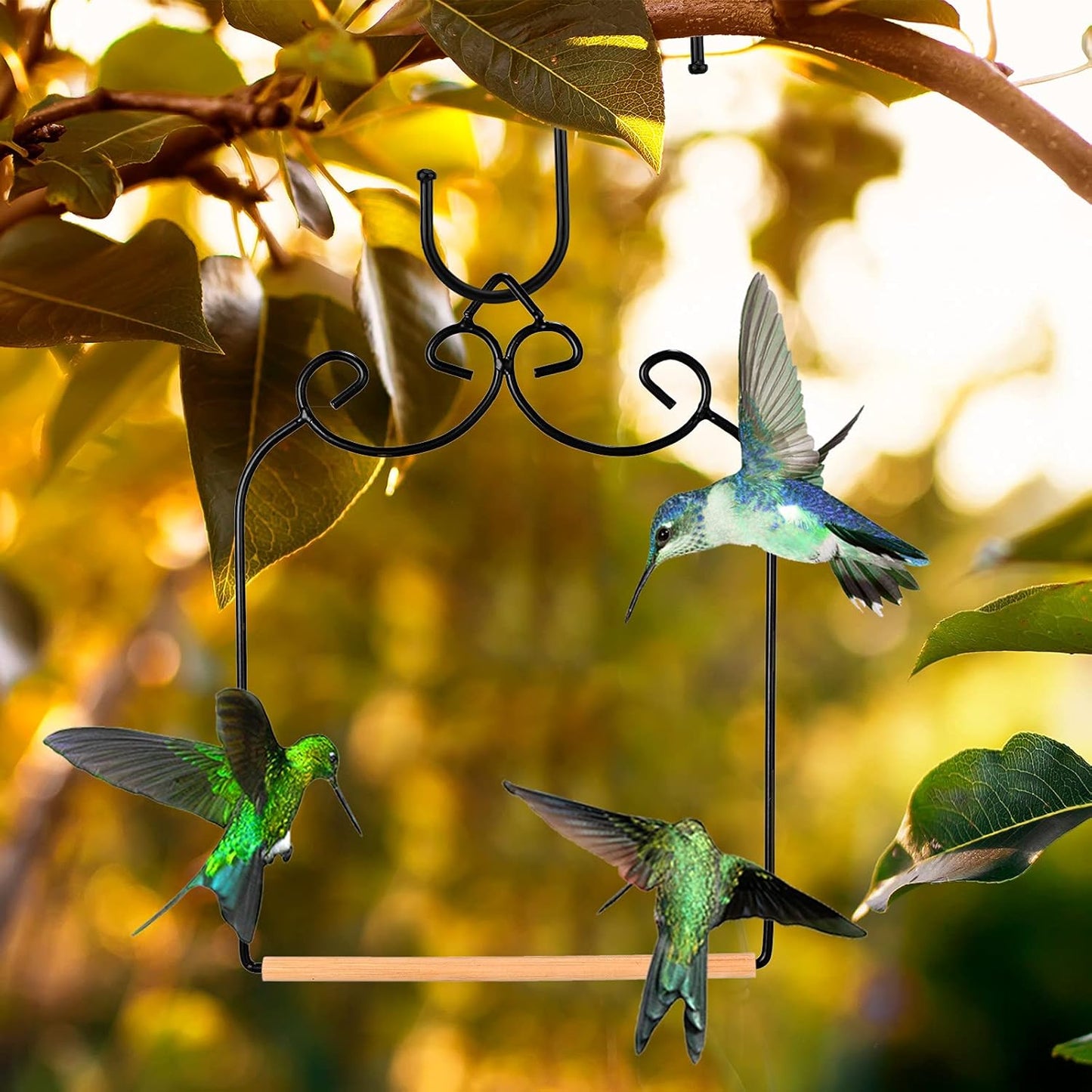 Ripeng 2 Pack Hummingbird Swing Humming Bird Perch with Wooden Dowel Attach to Bird Feeders Black Iron S Shaped Hook for Hanging Indoor Office Outdoor Trunk Feeder