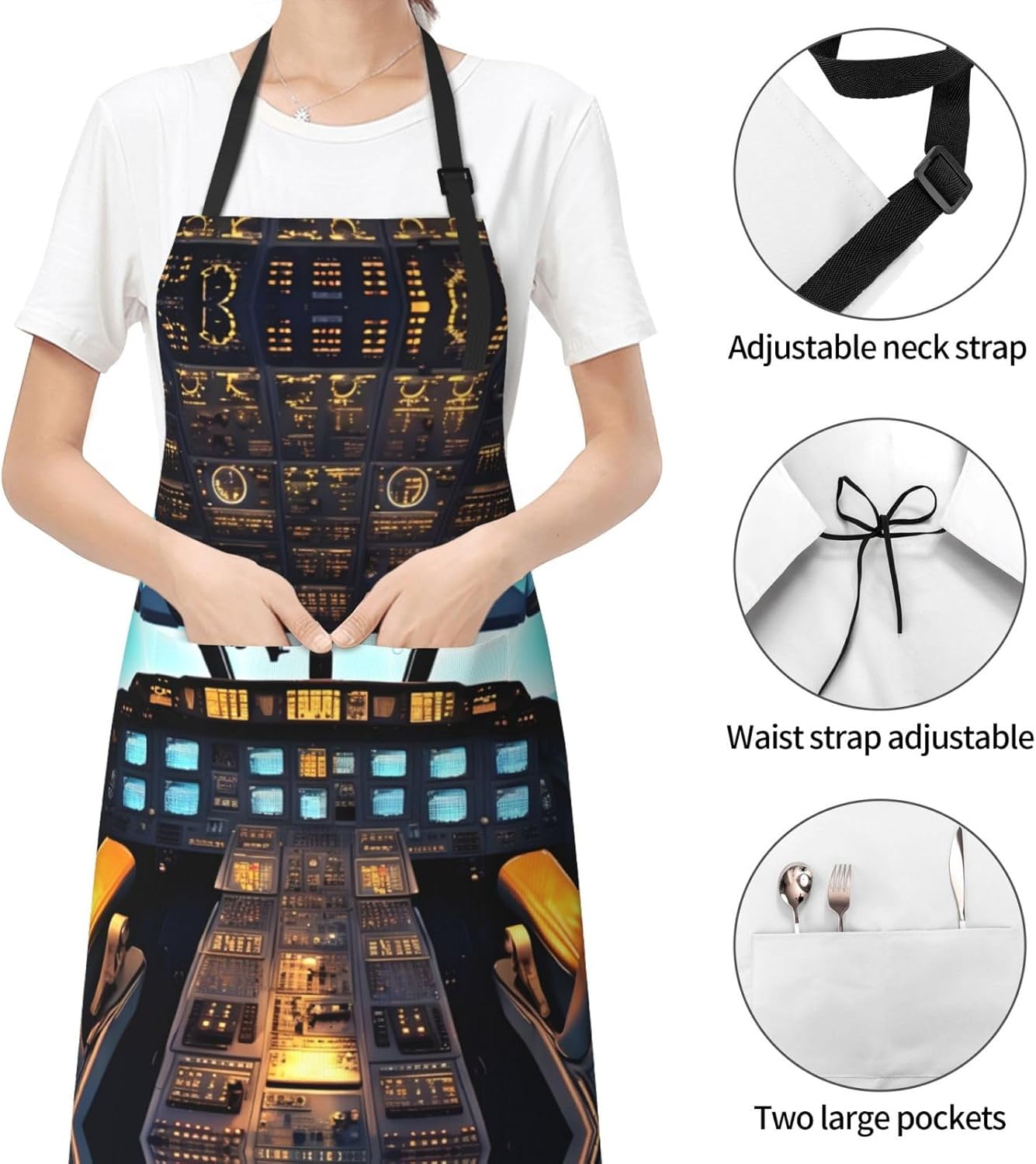 Airplane Cockpit Print Laundry apron 28x33 In Waterproof Kitchen Apron with Pockets for Cooking Baking