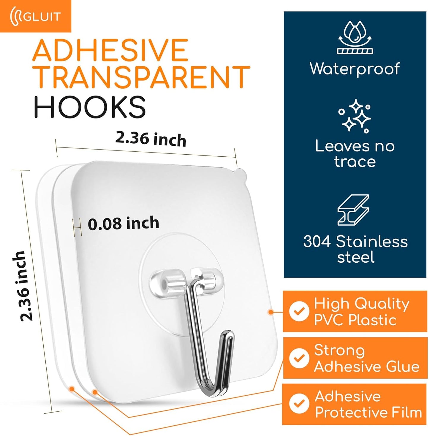 GLUIT Adhesive Wall Hooks for Hanging Heavy Duty 22 lbs Hooks for Walls No Drill, Towel Sticky Clear Hook, Waterproof, Home, Bathroom, Kitchen, Office, and Outdoor 12 Pack