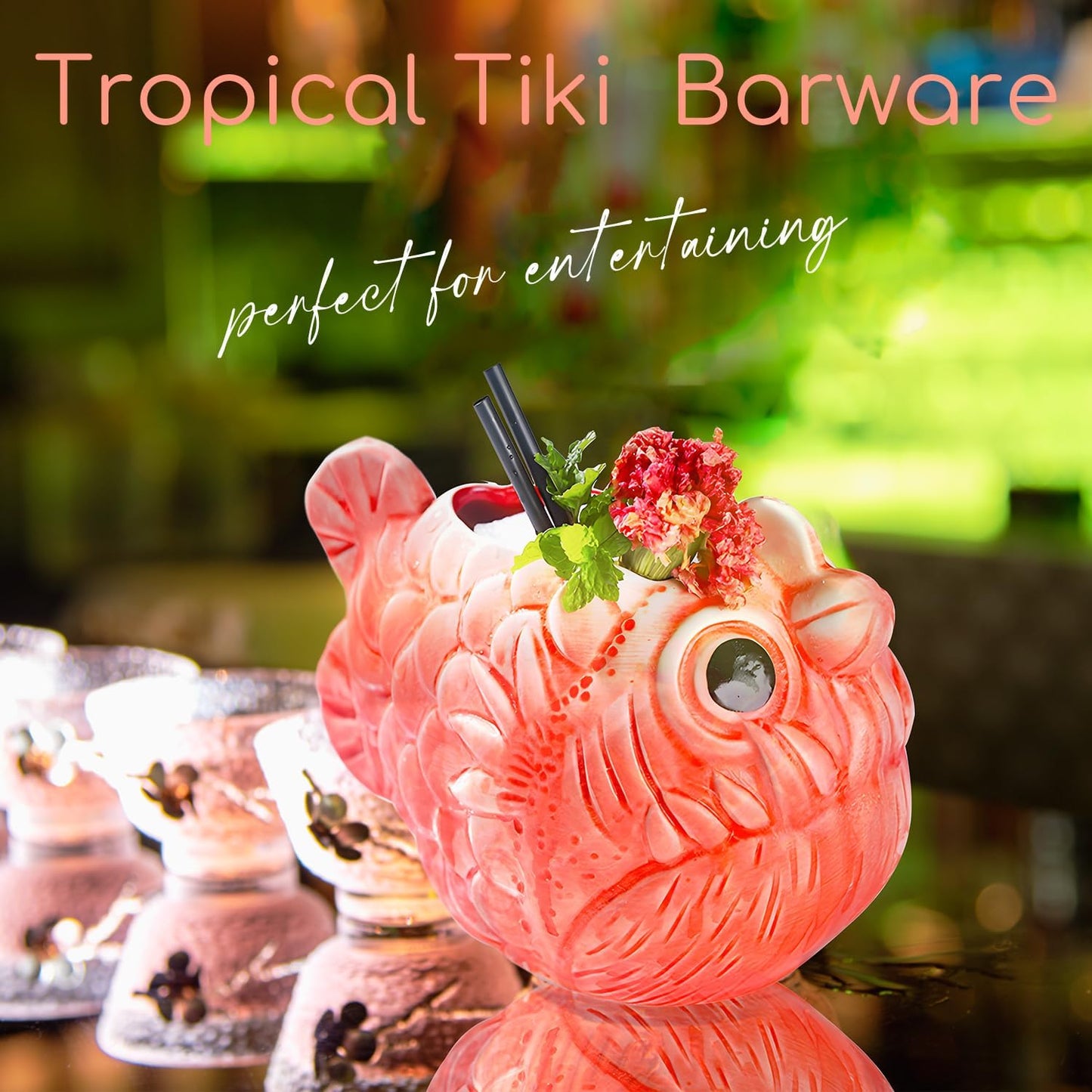 Tiki Mugs Cocktail Set of 2 Ceramic Weird Fish Tiki Mugs, Hawaiian Luau Party Mugs, Fun Exotic Cocktail Tiki Cups, Tropical Tiki barware for Party Barware, 22oz/650ml