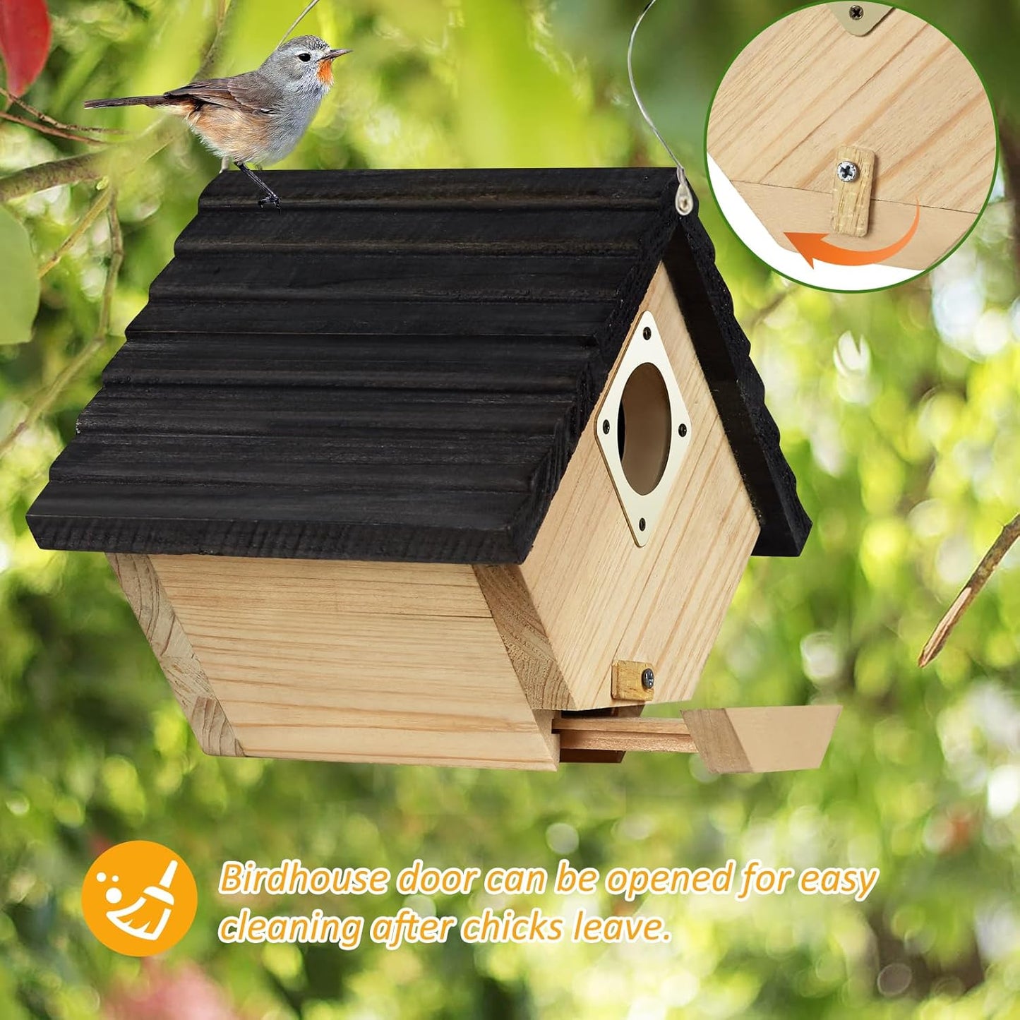 Bird House for Outside, Outdoor Bird Houses for Bluebirds, Finches & Cardinals, Wooden Birdhouse with Easy Clean Design, Hanging Birds Nest Box for Garden Decoration (8.6 x 5.9 x 7 Inch)