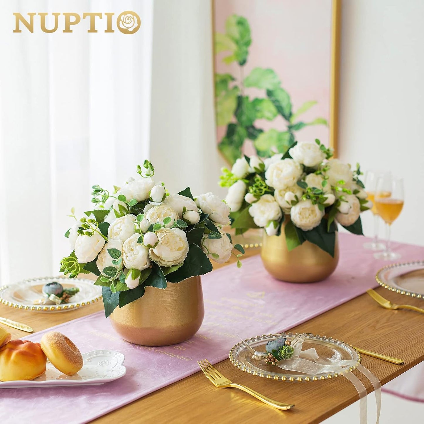 Nuptio 2 Pcs Plant Pot Gold Vase Metal Flower Pot Vase with Drainage Hole, Modern Storage Organizer Decorative Gifts for Wedding Indoor Outdoor Living Room Balcony Decoration Floor Display