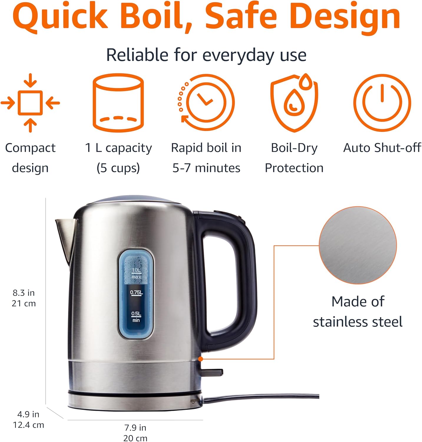 Amazon Basics Electric Stainless Steel Kettle for Tea and Coffee, BPA-