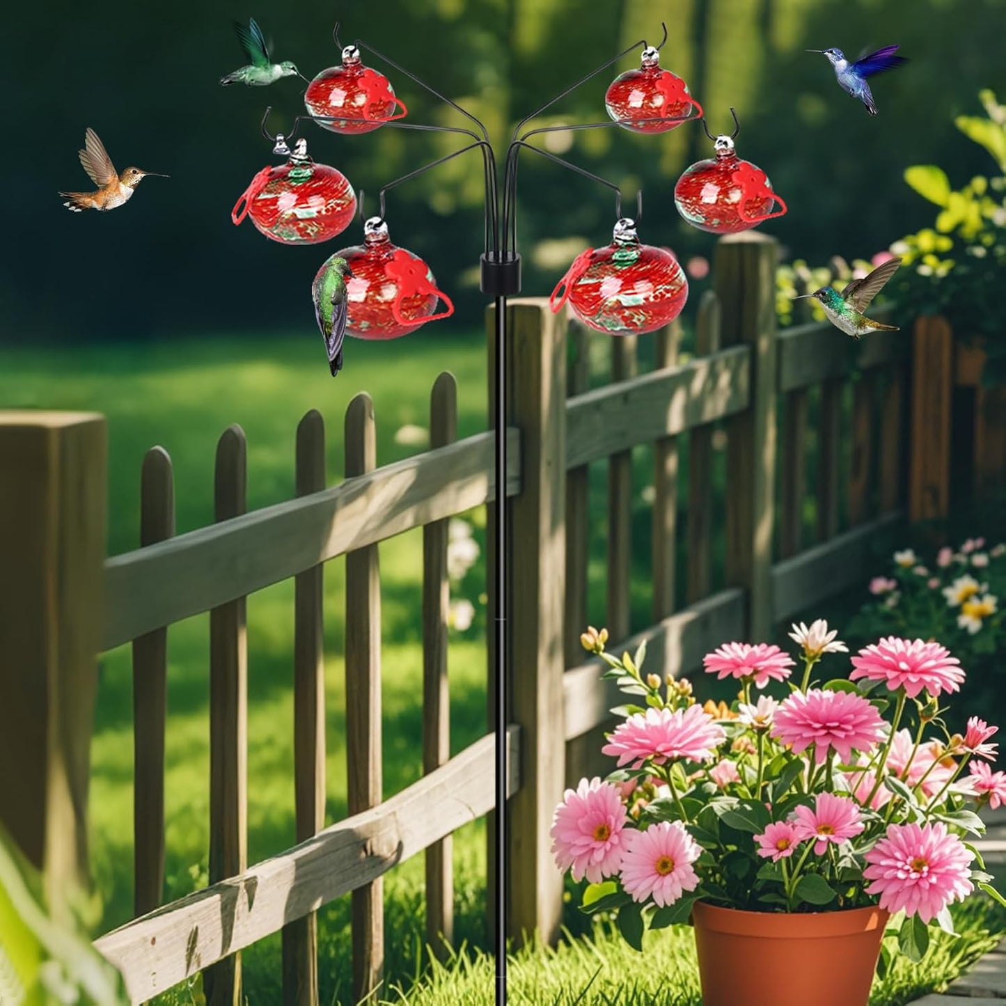 Wind Chimes Hummingbird Feeders for Outdoors Hanging(6 Feeding Stations) Hand Blow Glass Hummingbird Feeder with Shepherd Hook,Never Leak,Garden Decor for Outside(Phoenix Tail Red)