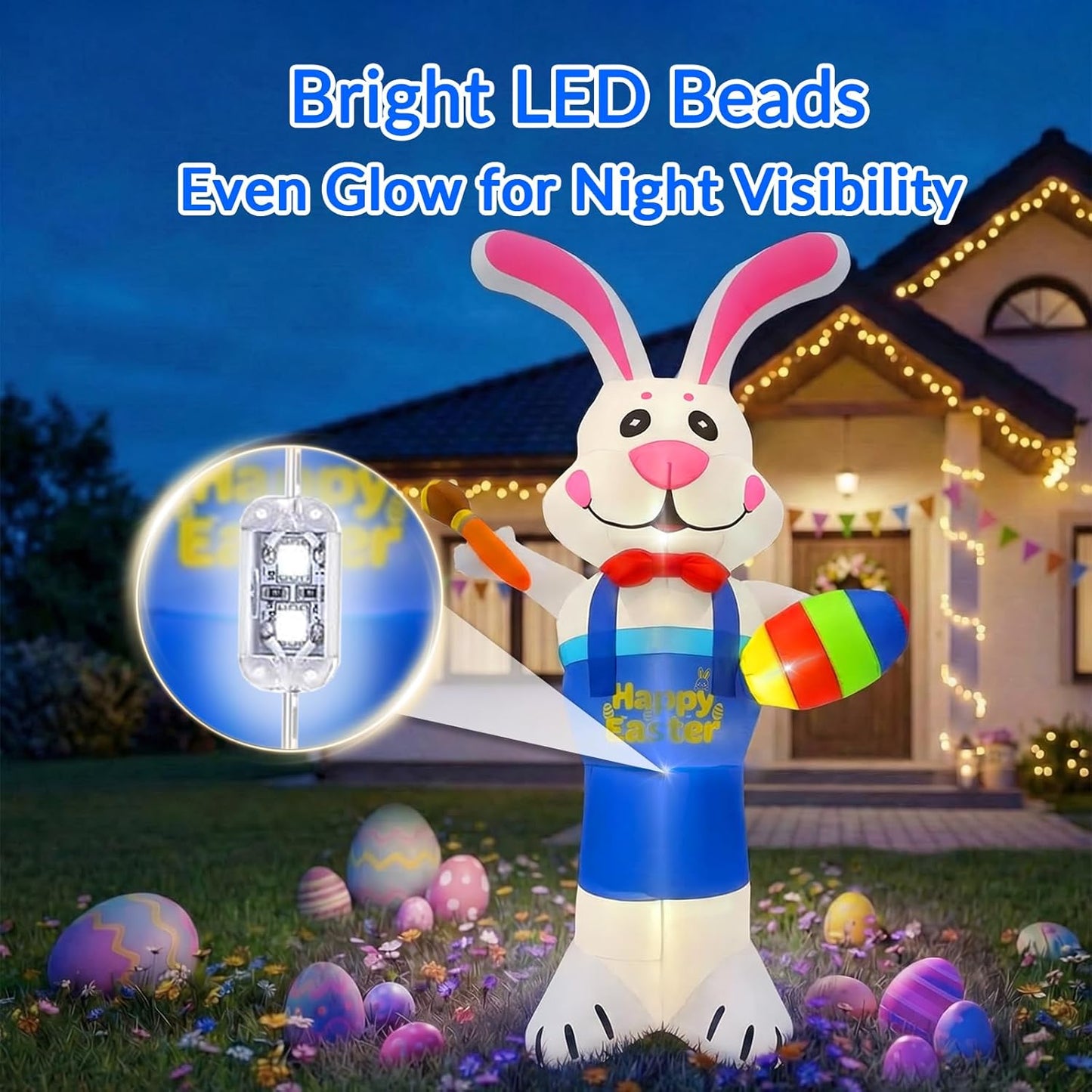 8 FT Easter Inflatable Bunny Painting Eggs Decoration, Giant Blow Up Rabbit with LED Lights, Outdoor Inflatables Yard Decor with Stakes for Lawn Garden Spring Holiday Party