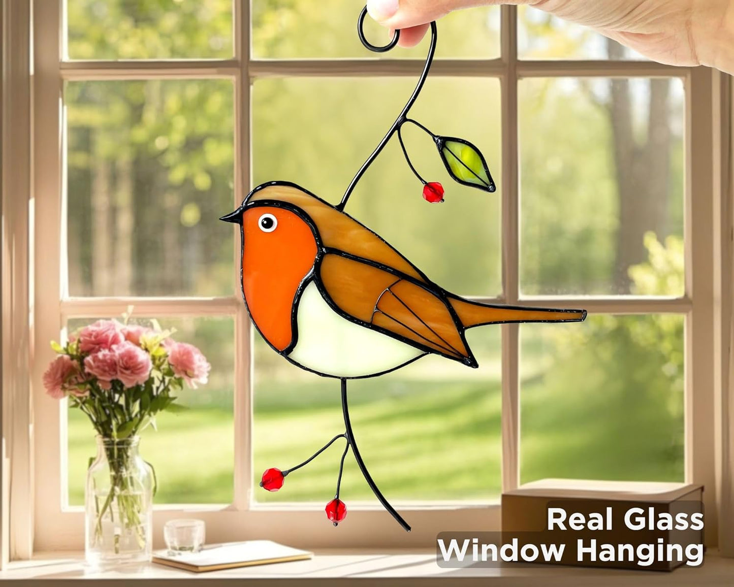 Robin Stained Glass Window Hanging - Handmade Real Glass Robins Suncatcher - Gifts for Women, Mom, Grandma, Mother - Elegant Gifts Box Bird Sculpture Home Decor (H7.5xW5.1 Inch)