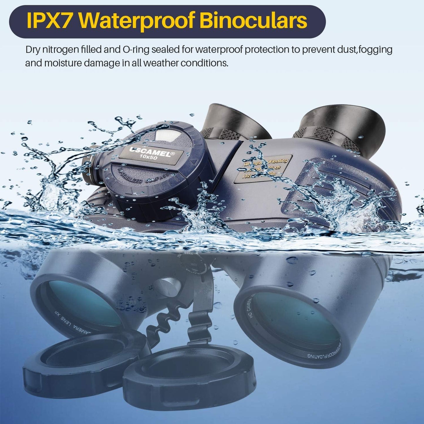 USCAMEL 10x50 Marine Binoculars for Adults, Waterproof Binoculars with Rangefinder Compass Tripod Adapter，BAK4 Prism FMC Lens for Navigation Bird Watching Hunting