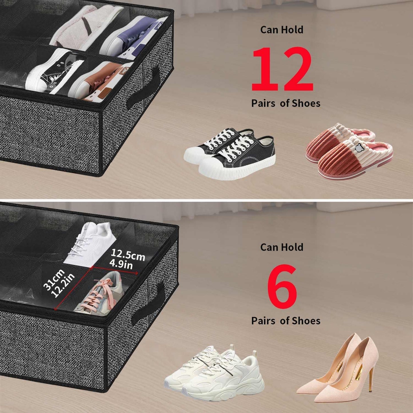Onlyeasy Sturdy Under Bed Shoe Storage Organizer, Set of 2, Fit 12 to 24 Pairs, Underbed Shoes Closet Storage Solution with Clear Window, Breathable, L29.3 x W23.6 x H5.9, Linen-like Black, MXAUBSB2P