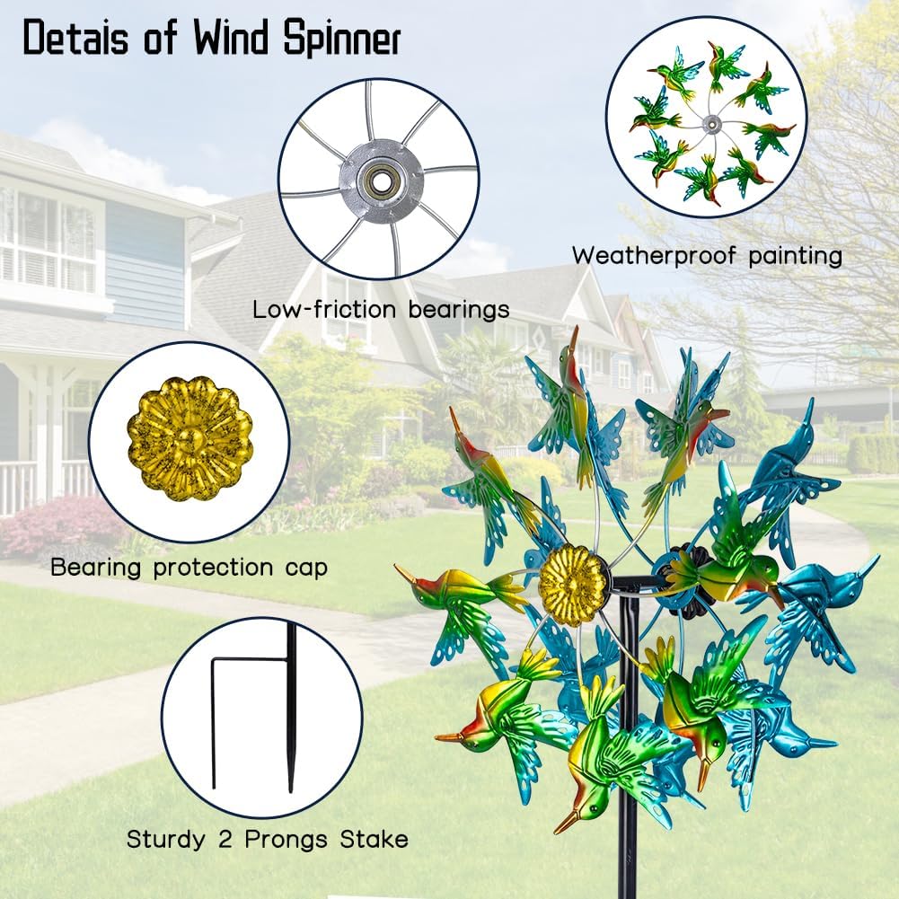 Viveta Wind Spinners for Yard and Garden, Hummingbird Wind Spinners with Metal Stake, 57.5" Double Wind Spinner Yard Art Decor for Patio Lawn Garden