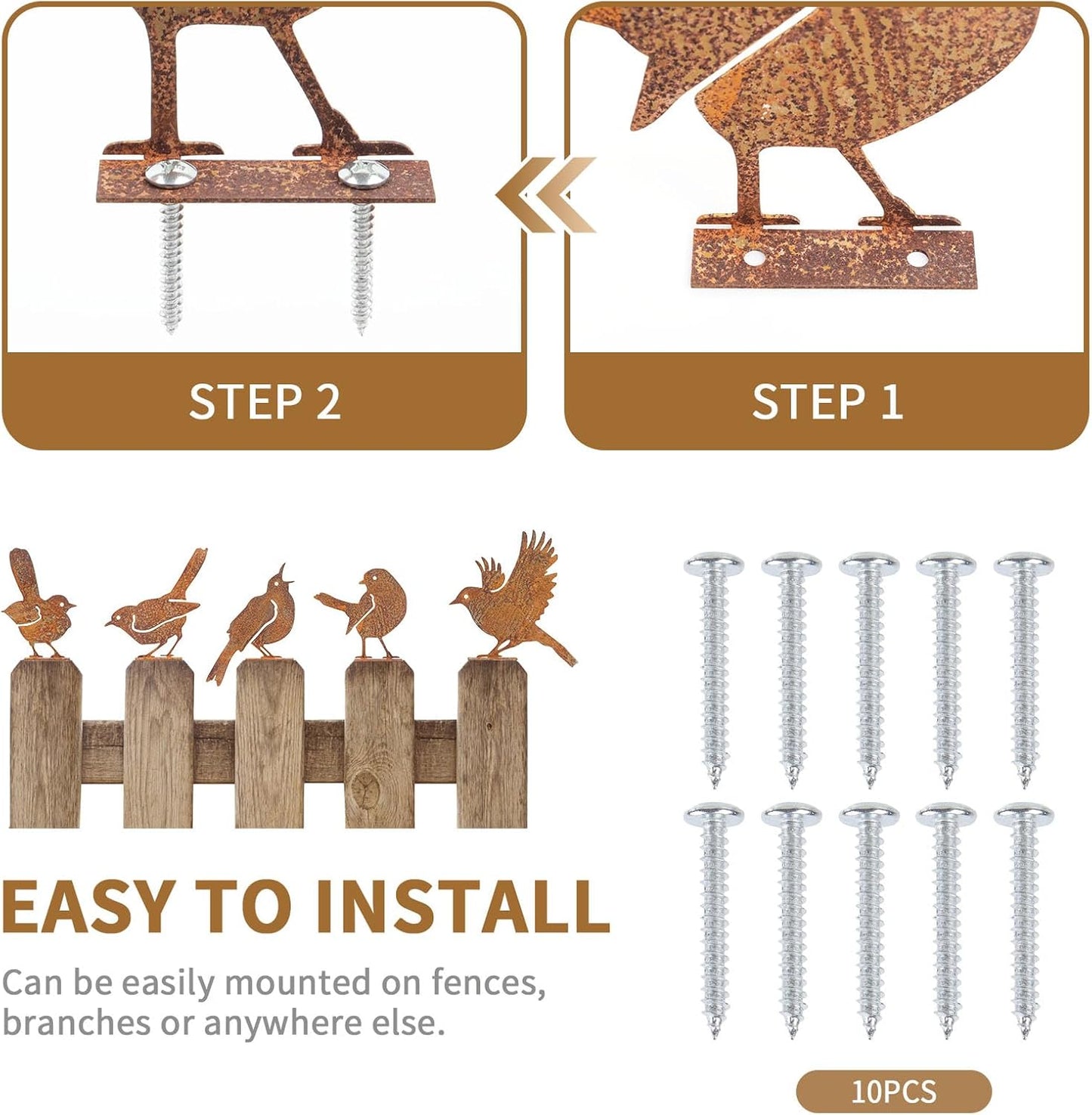 Geila 5PCS Rusty Birds Decoration, Fence Decorations Outdoor, Metal Birds Yard Decor Perfect Yard Art and Large Outdoor Ornaments (5PC)