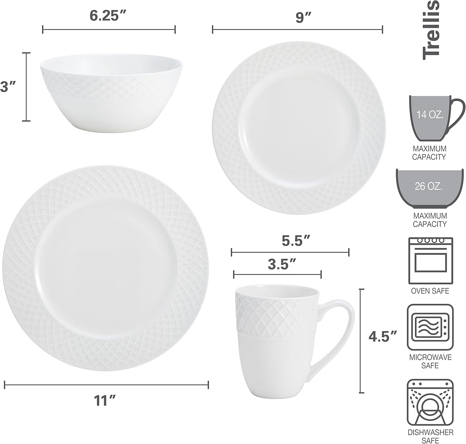 Mikasa Trellis Bone China 16-Piece Dinnerware Set, Service for 4, Whit