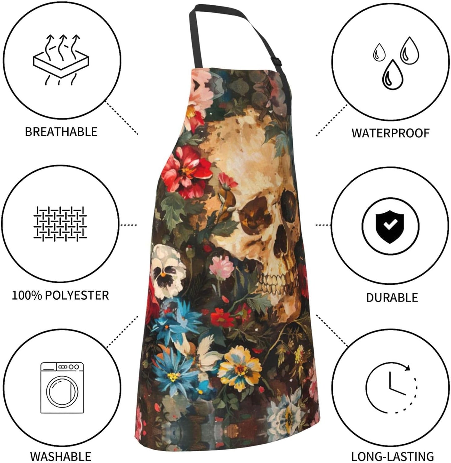 Floral Skull print Waterproof chef's apron with pocket apron for kitchen cooking baking barbecue and gardening