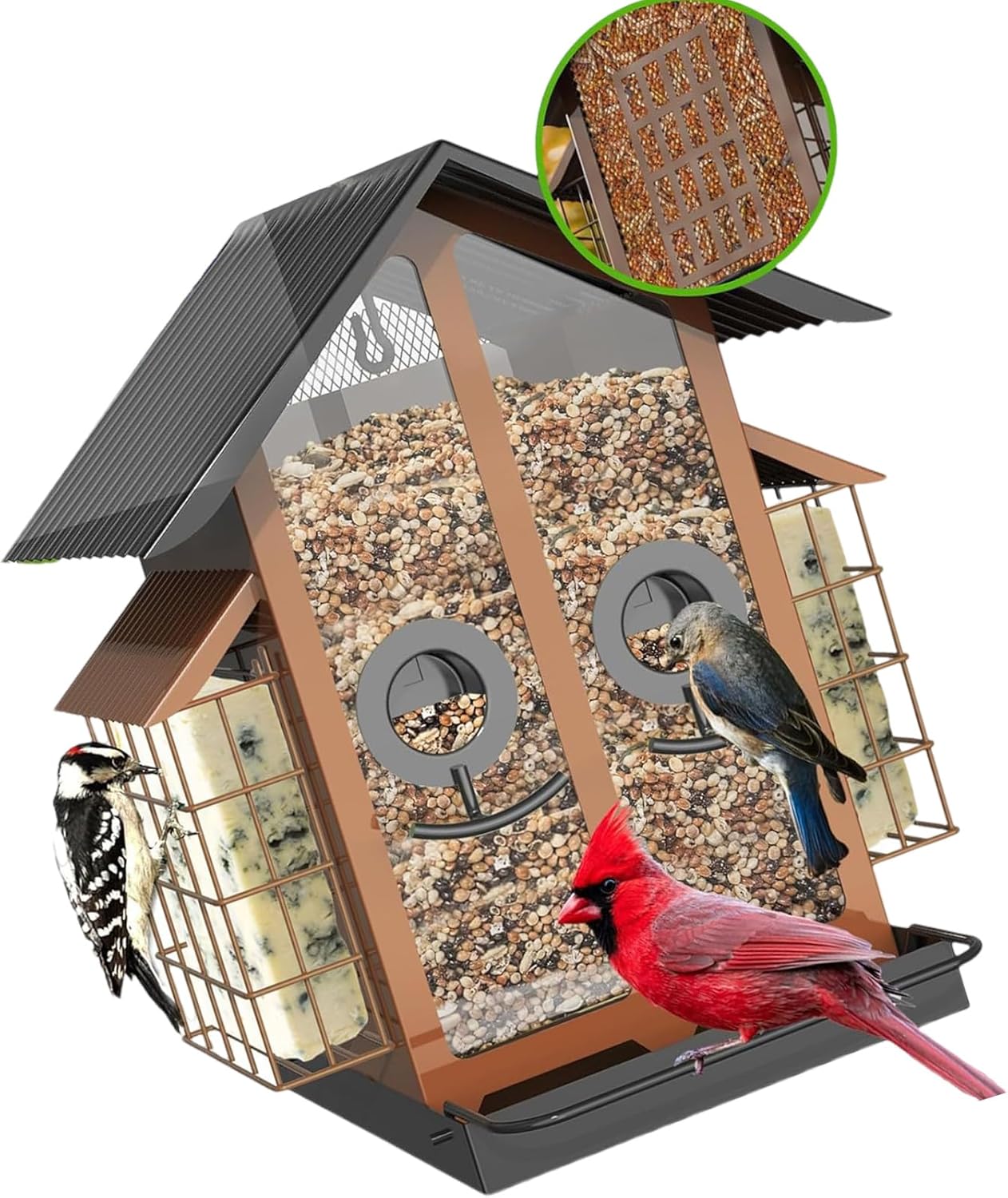 Metal Bird Feeder for Garden Yard Outside Backyard with Perch Easy Hanging Hook and Large Capacity Hanging Bird Feeder