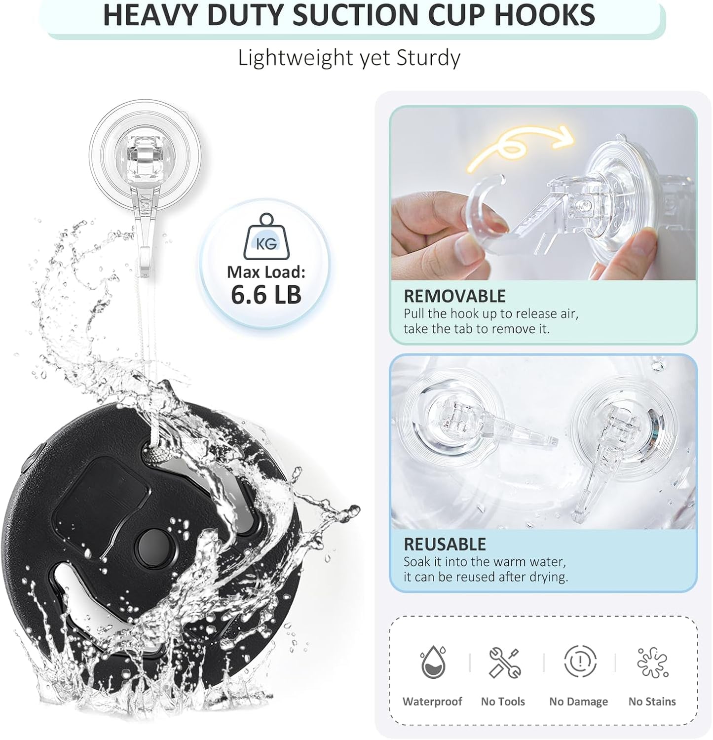 VIS'V Suction Cup Hooks, Small Shower Suction Hooks, Heavy Duty, Removable and Reusable, Clear, 2 Pcs