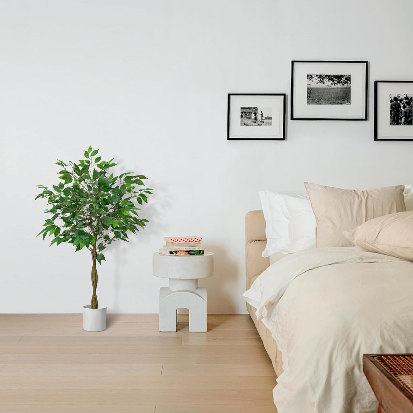 Artificial Ficus Tree with 3 Natural Curved Trunks, 4FT Tall Faux Ficus Tree in Sturdy Plastic Nursery Pot, Faux Plant for Office Home Living Room Farmhouse, Indoor Outdoor Decor