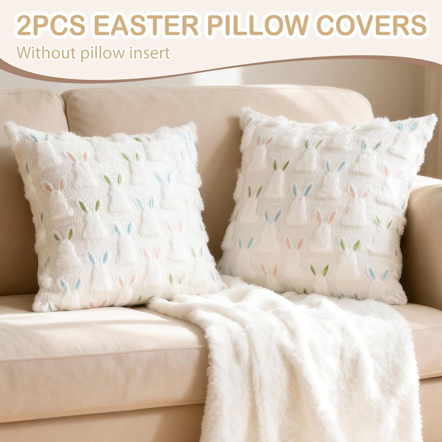 Easter Pillow Covers 18" x 18" Set of 2, Easter Decorations Cute Soft Plush Bunny Throw Pillow, Spring Farmhouse Decorations for Home Sofa Couch Living Room Bedroom