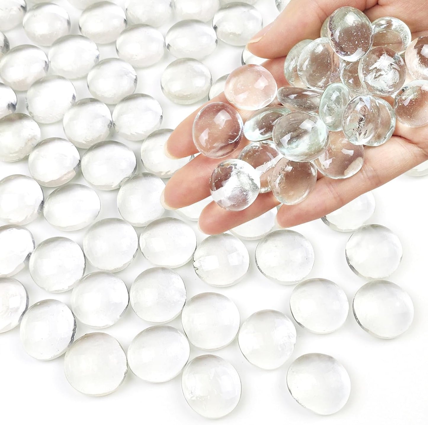 1lb Clear Glass Beads for Vases, 100 Pcs Glass Pebbles, Clear Flat Gla