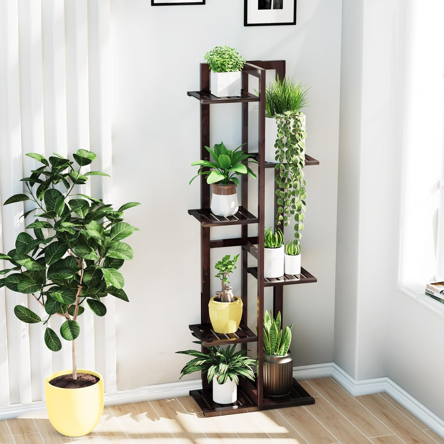 DolceLuna Plant Stand Indoor 6 Tier, Bamboo Plant Shelf Corner Display