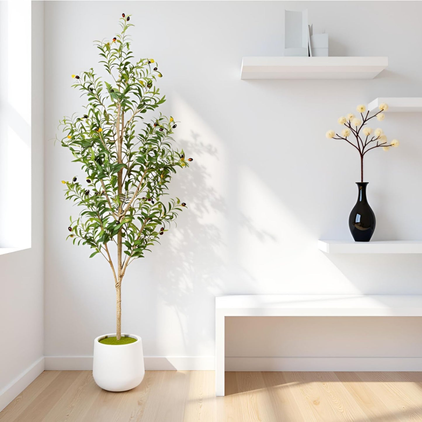 Artificial Olive Tree with White Pot - Faux Olive Tree for Home Decor, Tall Artificial Plants Indoor, Realistic Trunks Foliage Fruit, Office Decor (6FT)