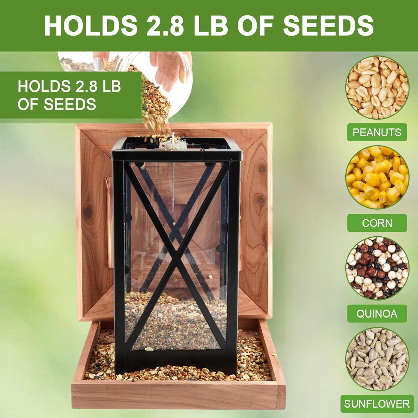 Cedar & Metal Frame Bird Feeder for Outdoors Hanging Mount Large Capac