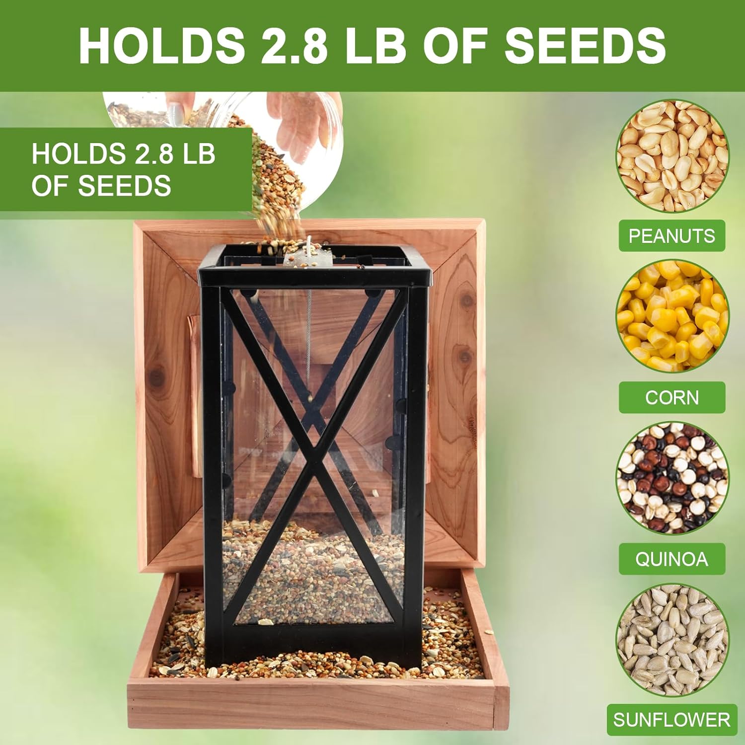 Cedar & Metal Frame Bird Feeder for Outdoors Hanging Mount Large Capac
