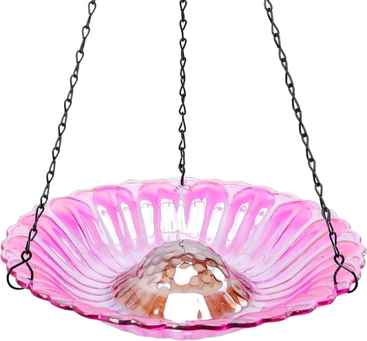MUMTOP Hanging Bird Bath-Bird Baths for Outdoors - 12 Inch Glass Bird Water Bowl Bird Feeders for Outside, Garden, Lawn Yard Decor（Pink）