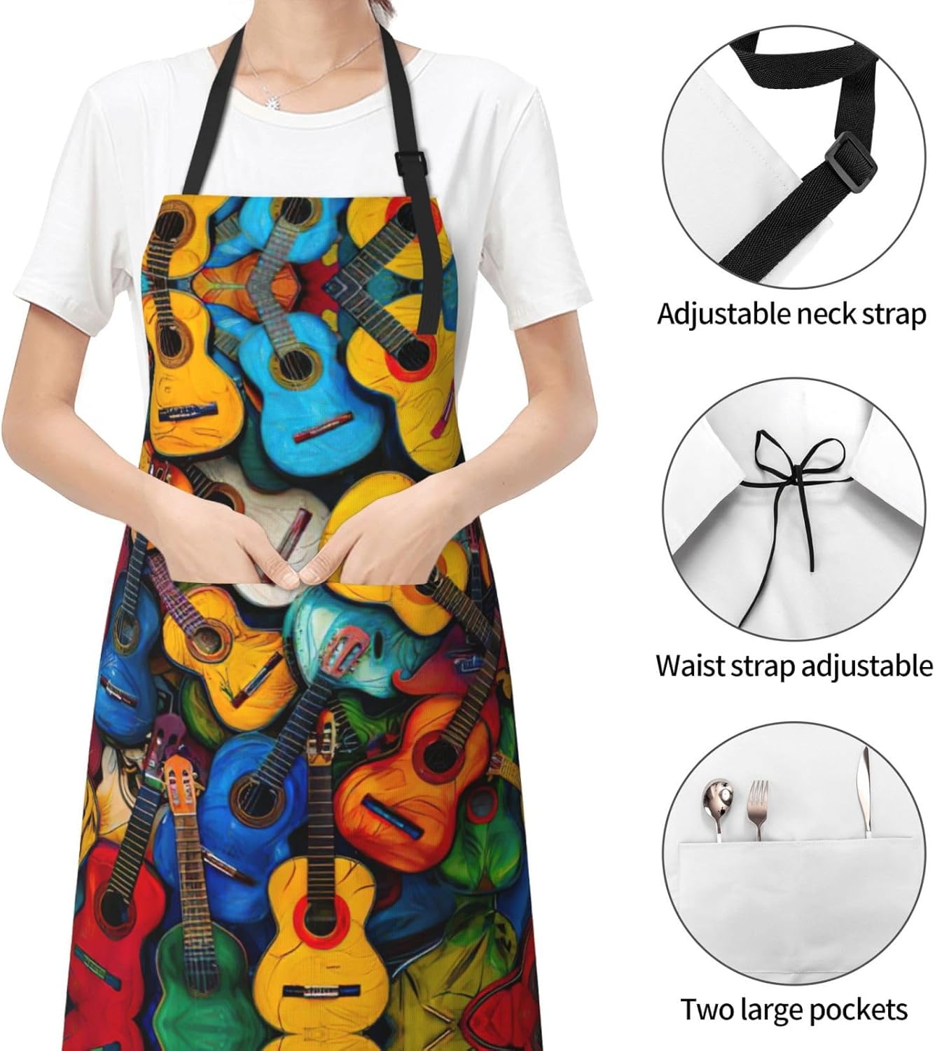 Color Acoustic and Guitars print Waterproof chef's apron with pocket a