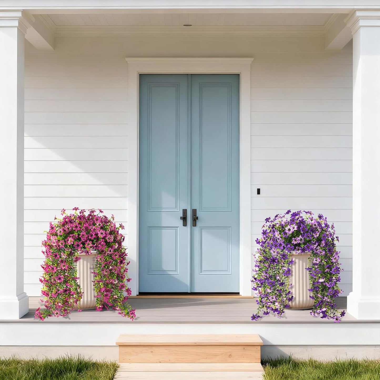 Artificial Hanging Flowers Plants for Outdoor Spring Decoration, 2PCS Faux Silk Daisy UV Resistant Look Real for Outside Home Indoor Planter Porch Garden Yard Decor(Light Purple Red)