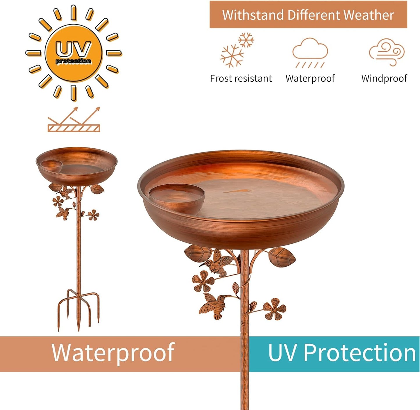 Metal Bird Bath for Outdoors Garden Birdbath Bowl, 39.6" Height Bird Feeders for Outside with 5 Prongs Base Stake, Standing Birdfeeders for Yard Lawn Decor (Vintage Copper-2-in-1)