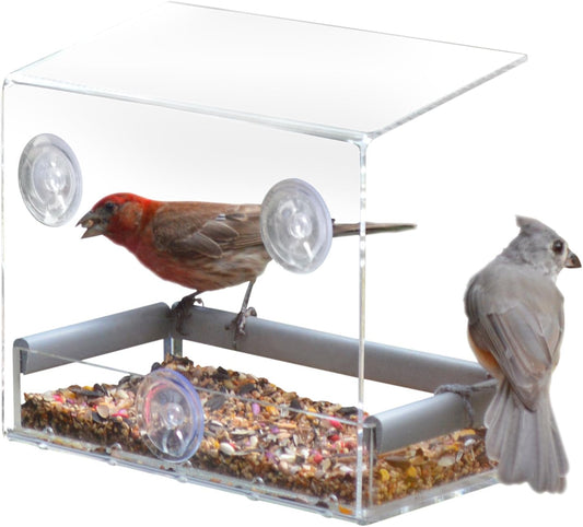 PetFusion Tranquility Window Bird Feeder in Premium Lucite Acrylic. (I) Removable Tray, (II) 3 Perches, Clear