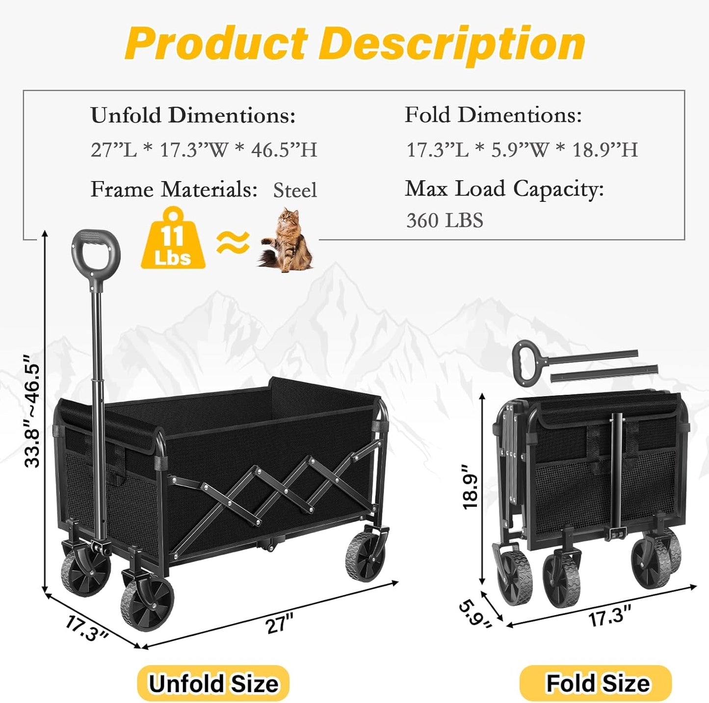 Collapsible Wagons Carts Foldable Wagon, Folding Wagon Cart with All-Terrain Wheels & 2 Cup Holders, Lightweight Portable Foldable Folding Wagons for Beach Camping Grocery Sports Garden, 360 LBS/Black