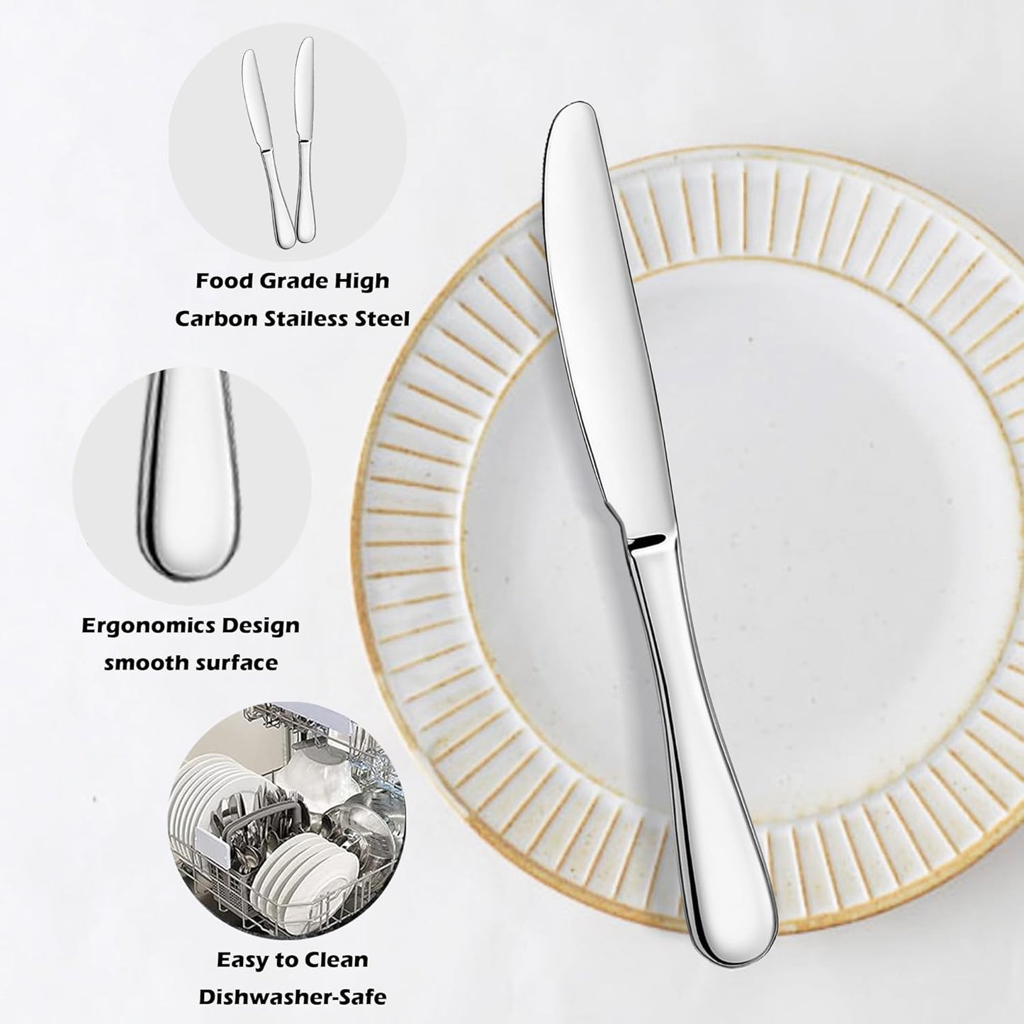 ATB Dinner Knives Set, Stainless Steel Table Knife, Butter Spreder, 2/