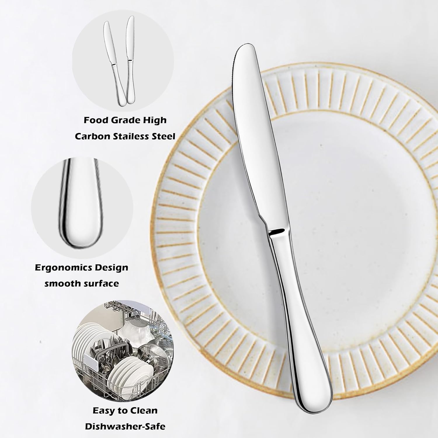 ATB Dinner Knives Set, Stainless Steel Table Knife, Butter Spreder, 2/