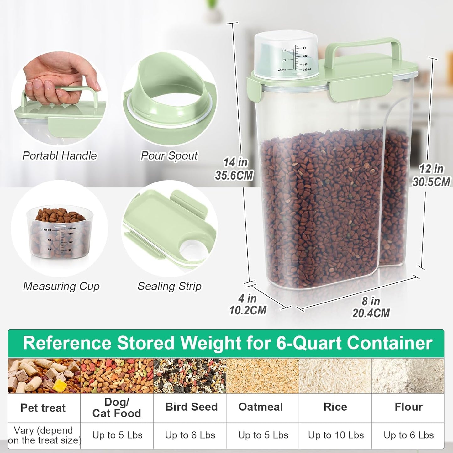TBMax Travel Dog Food Storage Container 5 lbs with Dog Bowl, Airtight Pet Cat Food Storage Dispenser with Large Spout & Measuring Cup for Kibble Dog Treat Bird Seed Container -Light Green