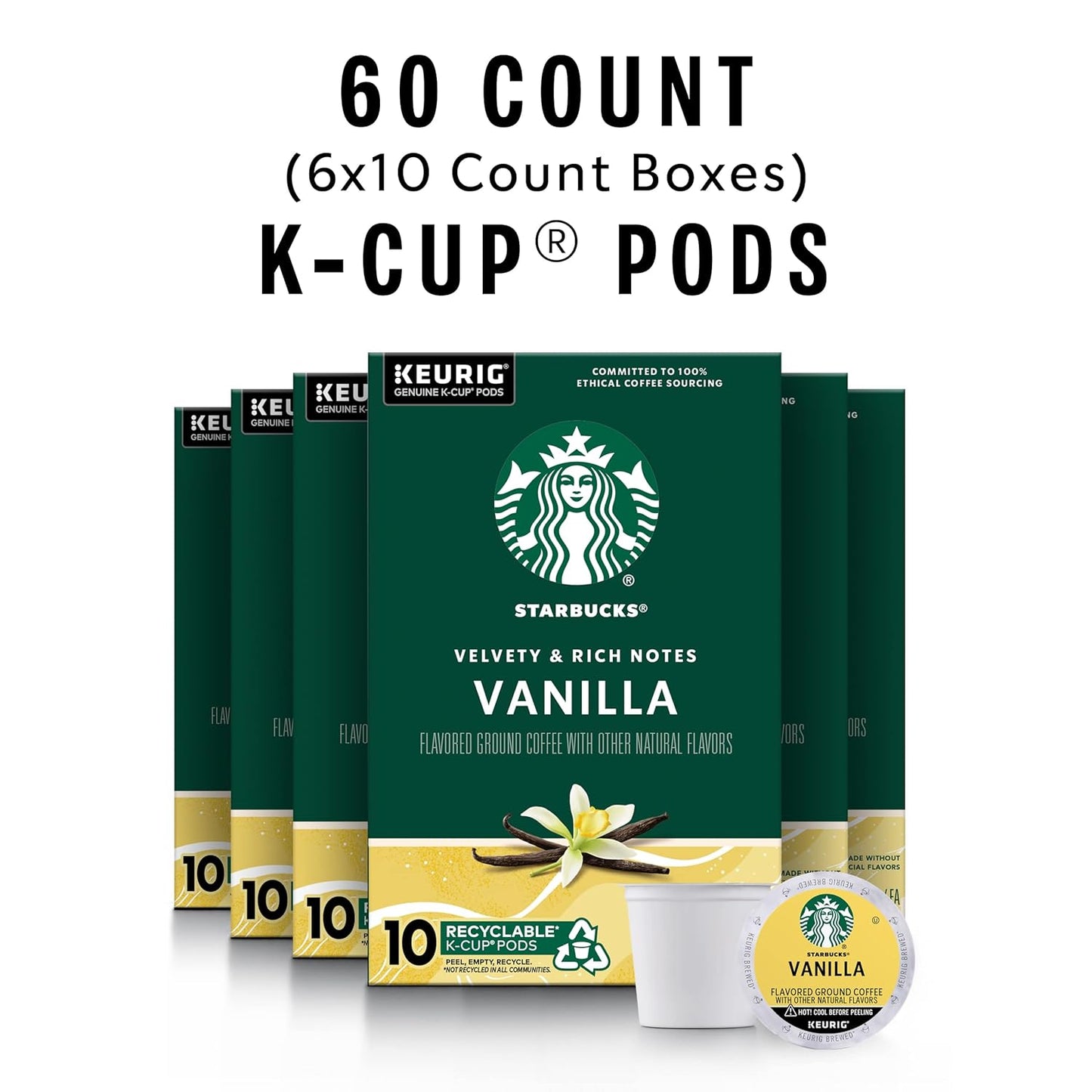 Starbucks K-Cup Coffee Pods, Flavored Hot or Iced Coffee, Vanilla, 60 Keurig Pods